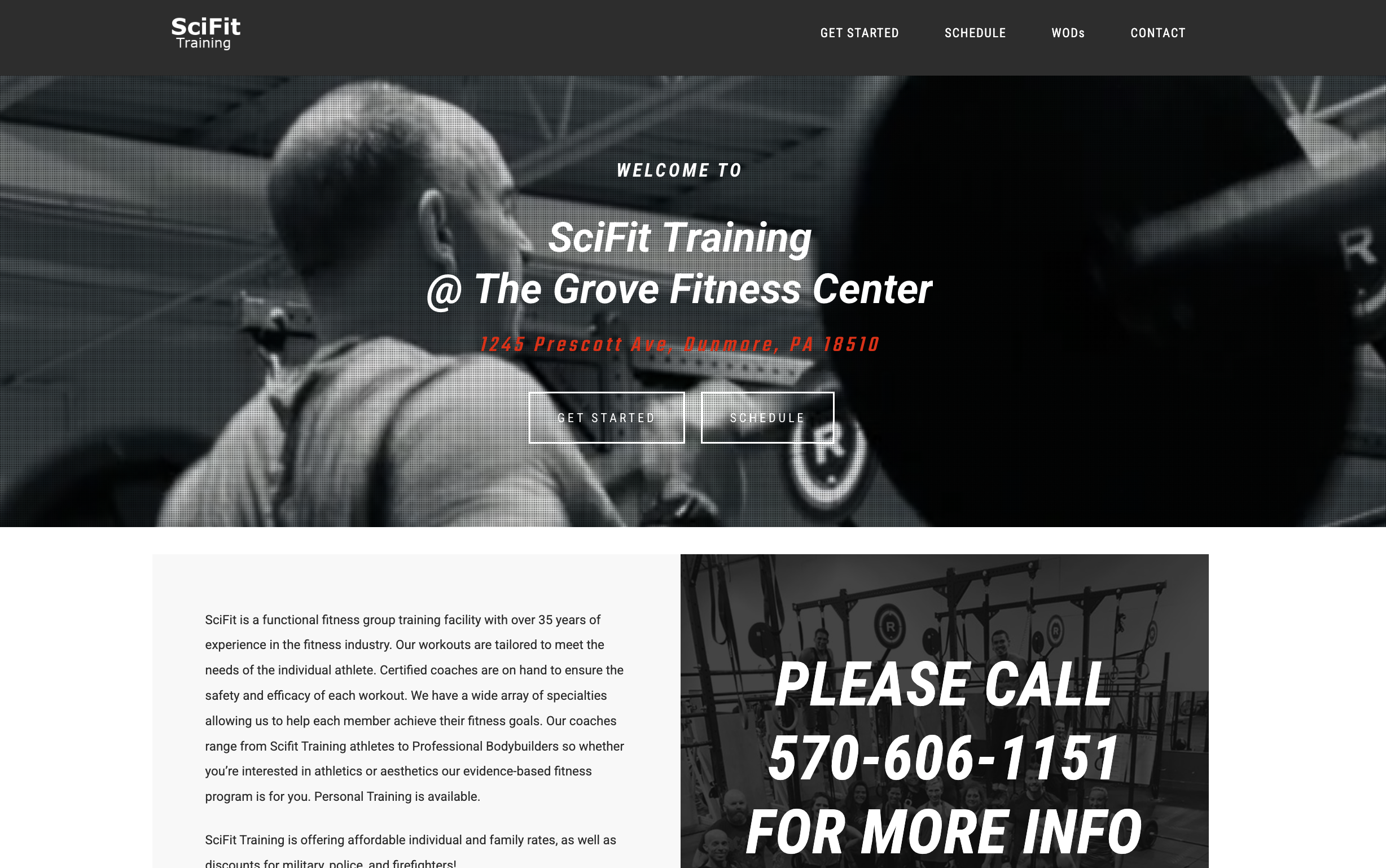 Home page of the SciFit Training website, showing the gym and its main navigation